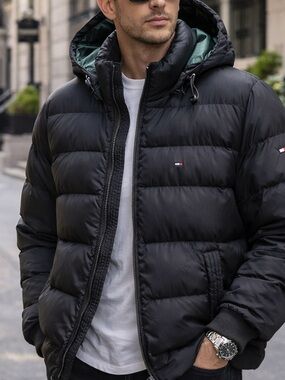 Tommy Hilfiger Men's Black Hooded Quilted Puffer Jacket medium